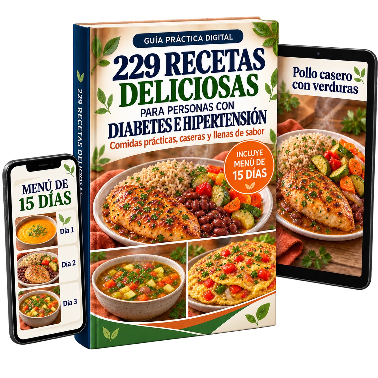 Colección de 229 recetas con libro, menú de 15 días en el celular y recetas en la tableta.